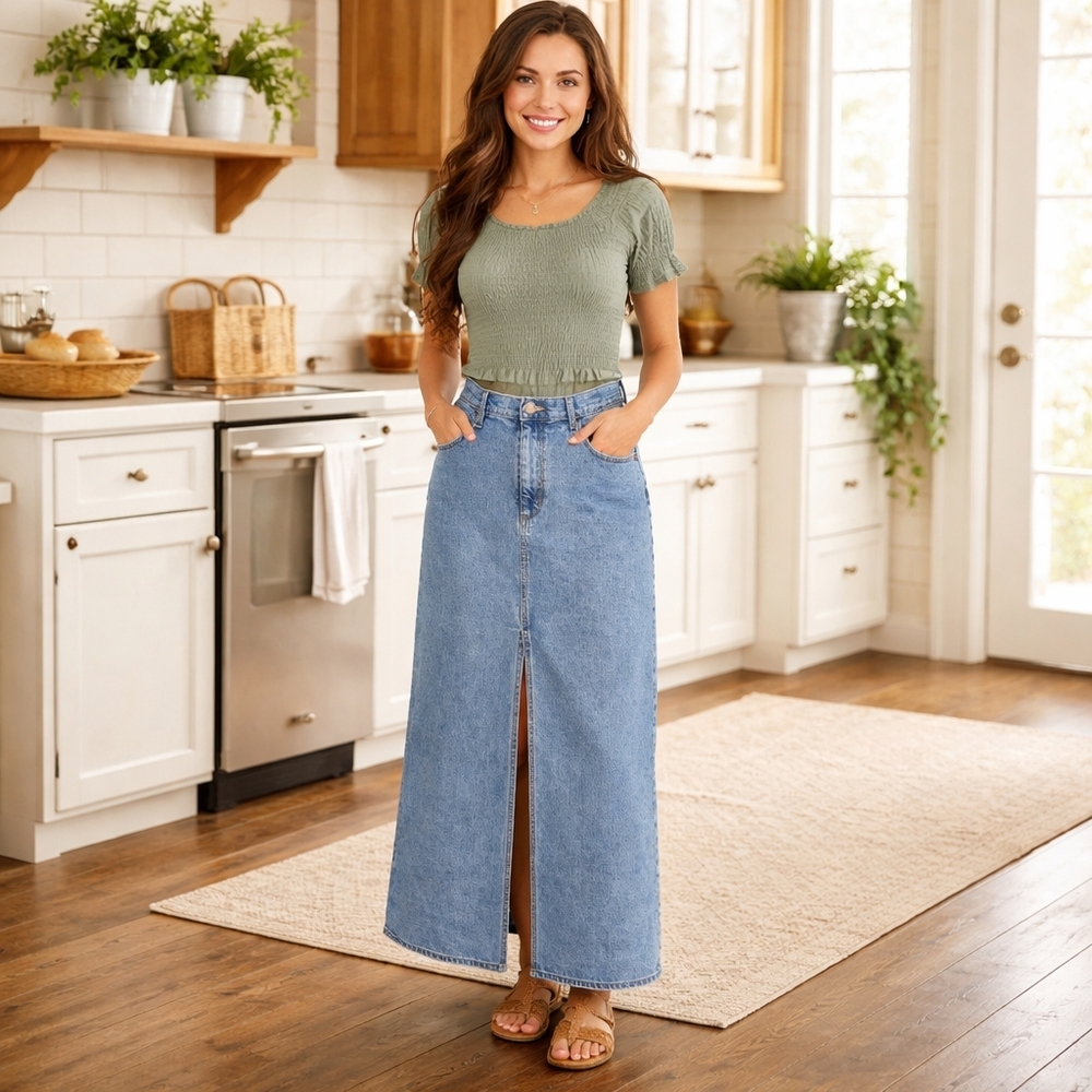 Universal Thread Denim Maxi Skirt 14 Medium Wash Modest Classic Prairie Jean EUC